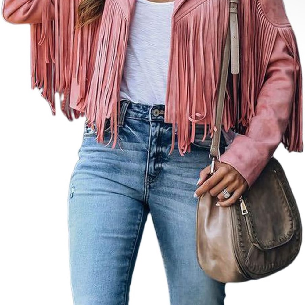 Fringe Suede Cropped Jacket - Pink - Picture 3 of 8